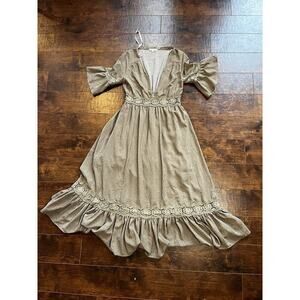 The clothing company Wide Sleeve Lace Pannel Brown Polkadot Midi Dress Size S
